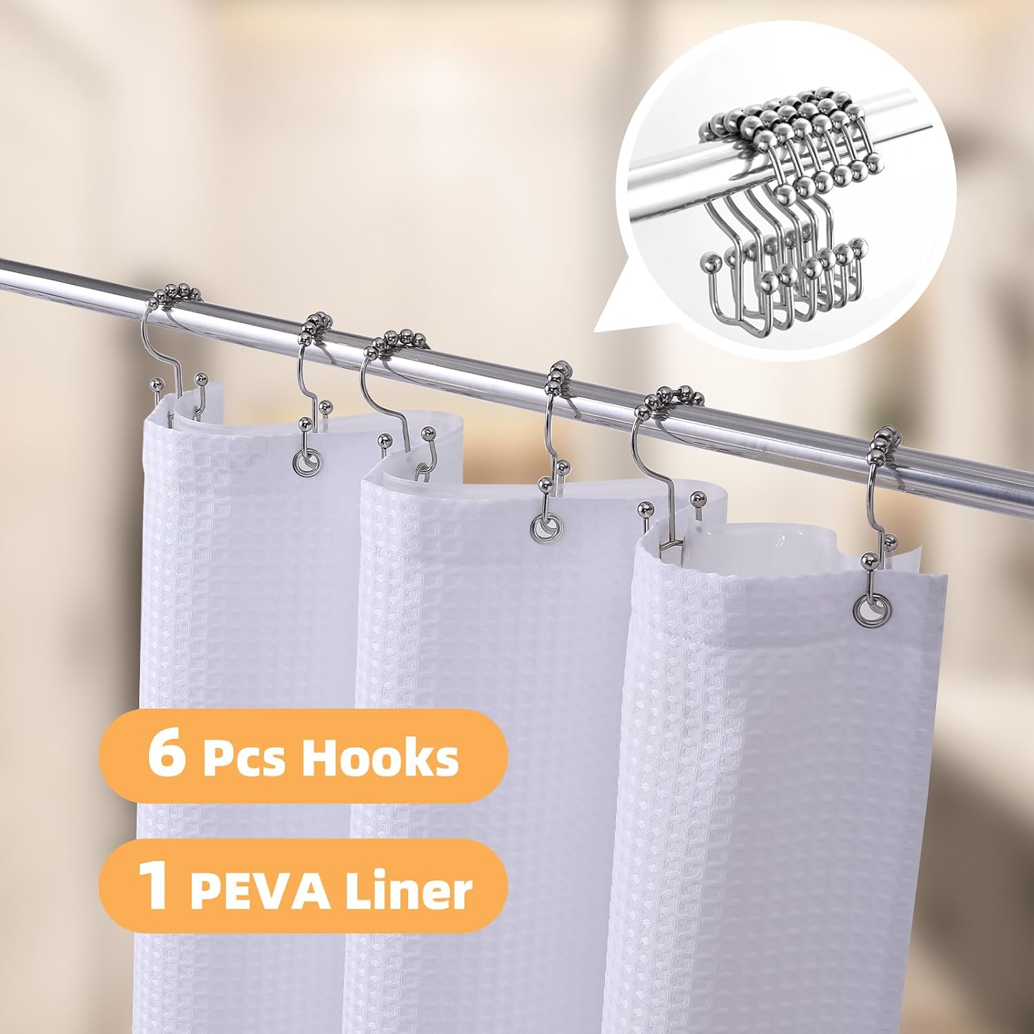 LaCyan Waterproof Waffle Shower Curtain, 258GSM Heavy Duty 3 Piece Set with Clear Liner and 6 Stainless Steel Hooks, Polyester Fabric Shower Curtains for Bathroom, Machine Washable, 36x72 Inch, White