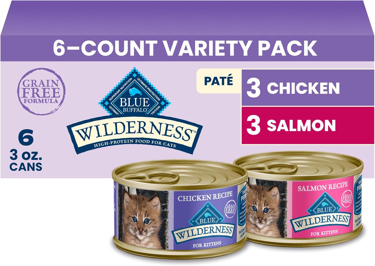 Blue Buffalo Wilderness Variety Pack Kitten Paté Wet Cat Food, 3 oz, 6 ct