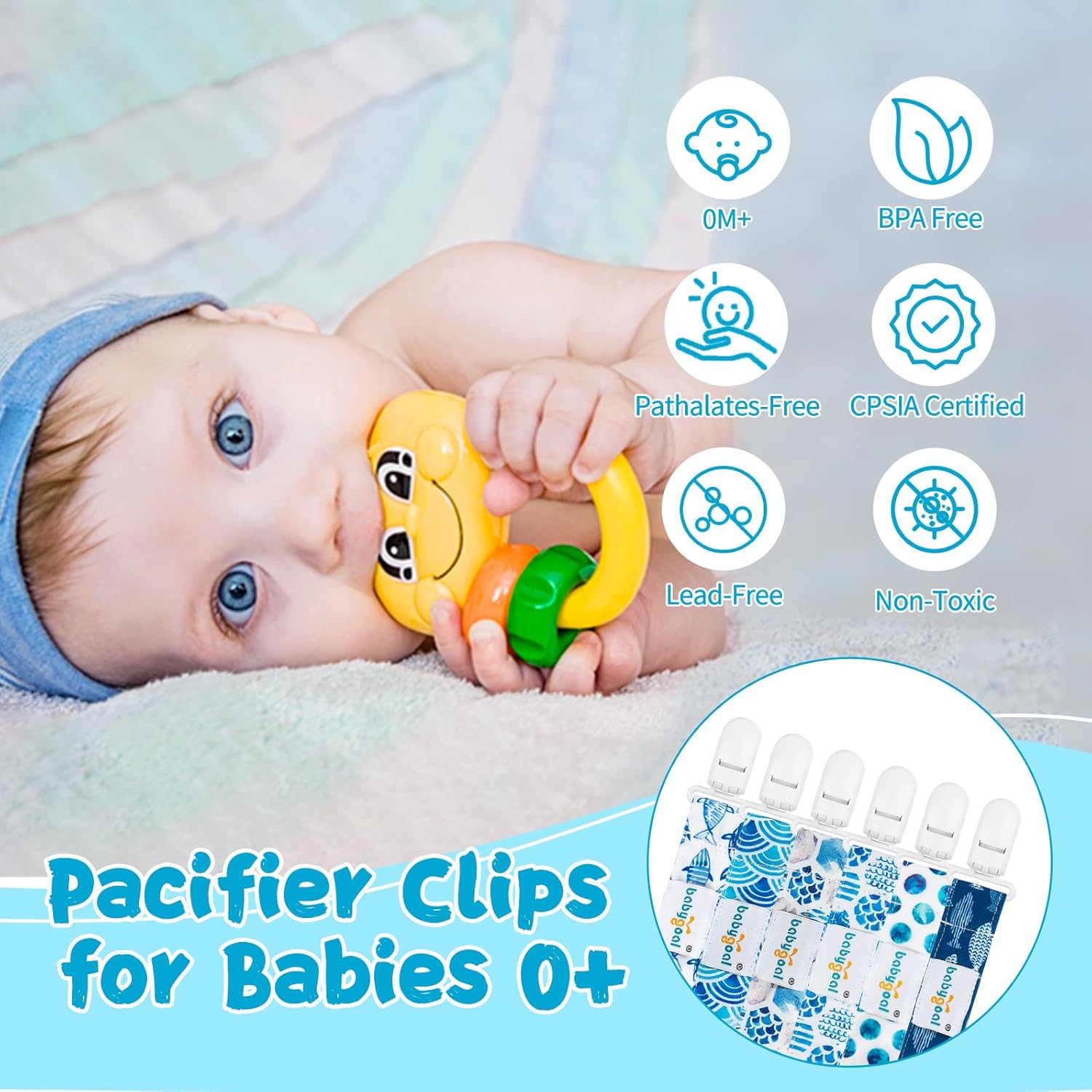 babygoal Ocean Blue Pacifier Clips, 6 Pack Binky Paci Holder Clips Leashes Fits for Most Baby Pacifiers and Binkies