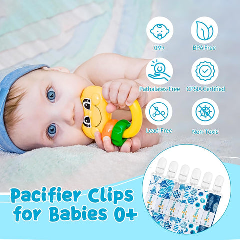 babygoal Ocean Blue Pacifier Clips, 6 Pack Binky Paci Holder Clips Leashes Fits for Most Baby Pacifiers and Binkies