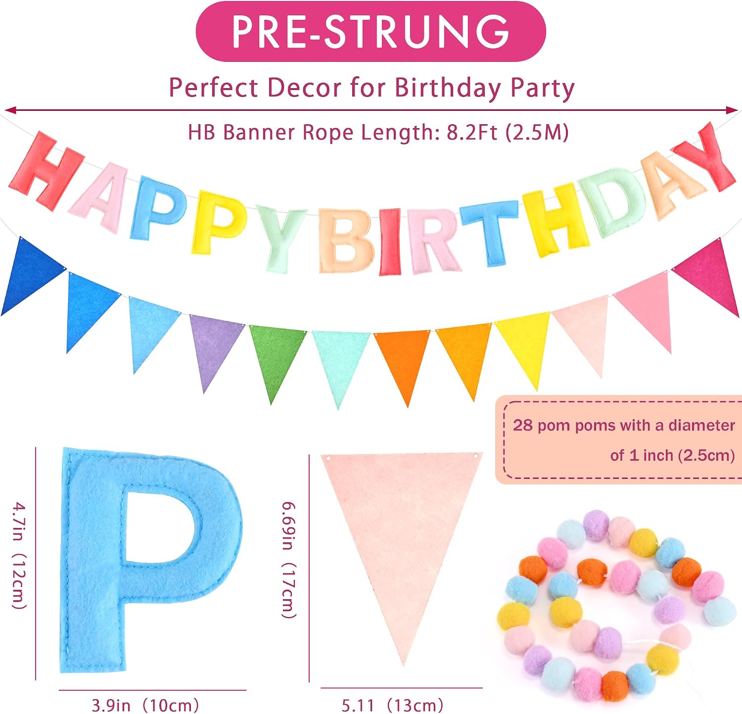 CANREVEL 3 PCS Pre-Strung 3D Happy Birthday Banner Decorations, Pastel