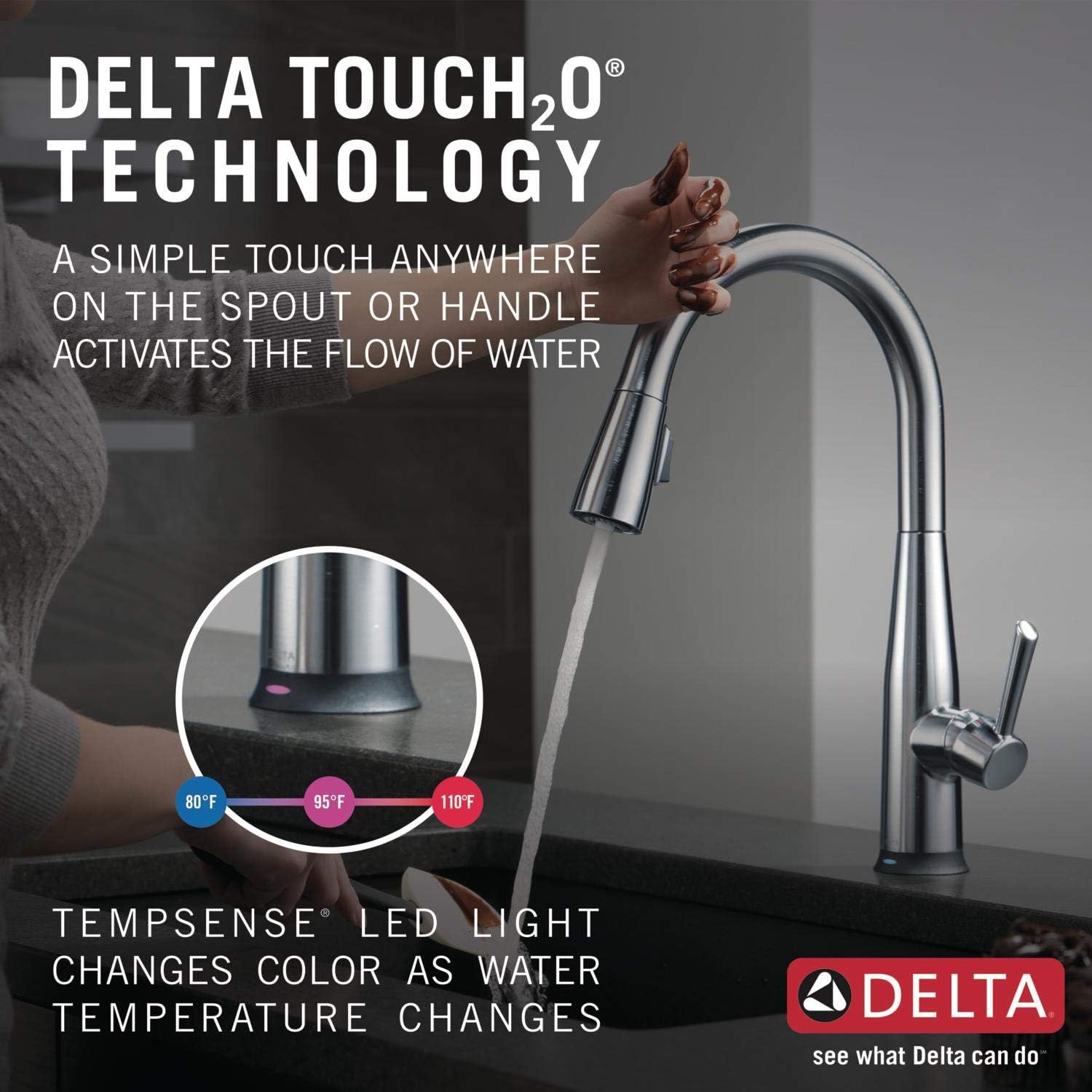 Delta Essa Brushed Nickel Touch Kitchen Faucet with Pull Down Sprayer, Modern Single Hole Touch On Kitchen Sink Faucet, Single Handle, Arctic Stainless 9113T-AR-DST