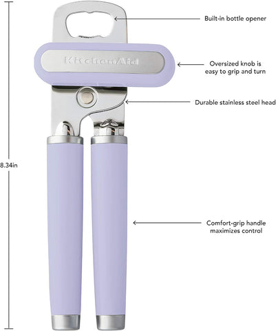 KitchenAid Classic Multifunction Can Opener and Bottle Opener Easy to Use, Razor Sharp Stainless Steel Cutting Wheel, Soft Ergonomic Handles, Lavendar Cream