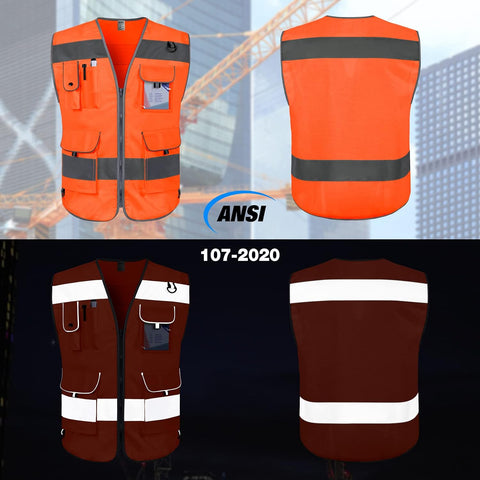 TCCFCCT Hi Vis Vest 9 Pockets High Visibility Safety Vest for Men, Orange M