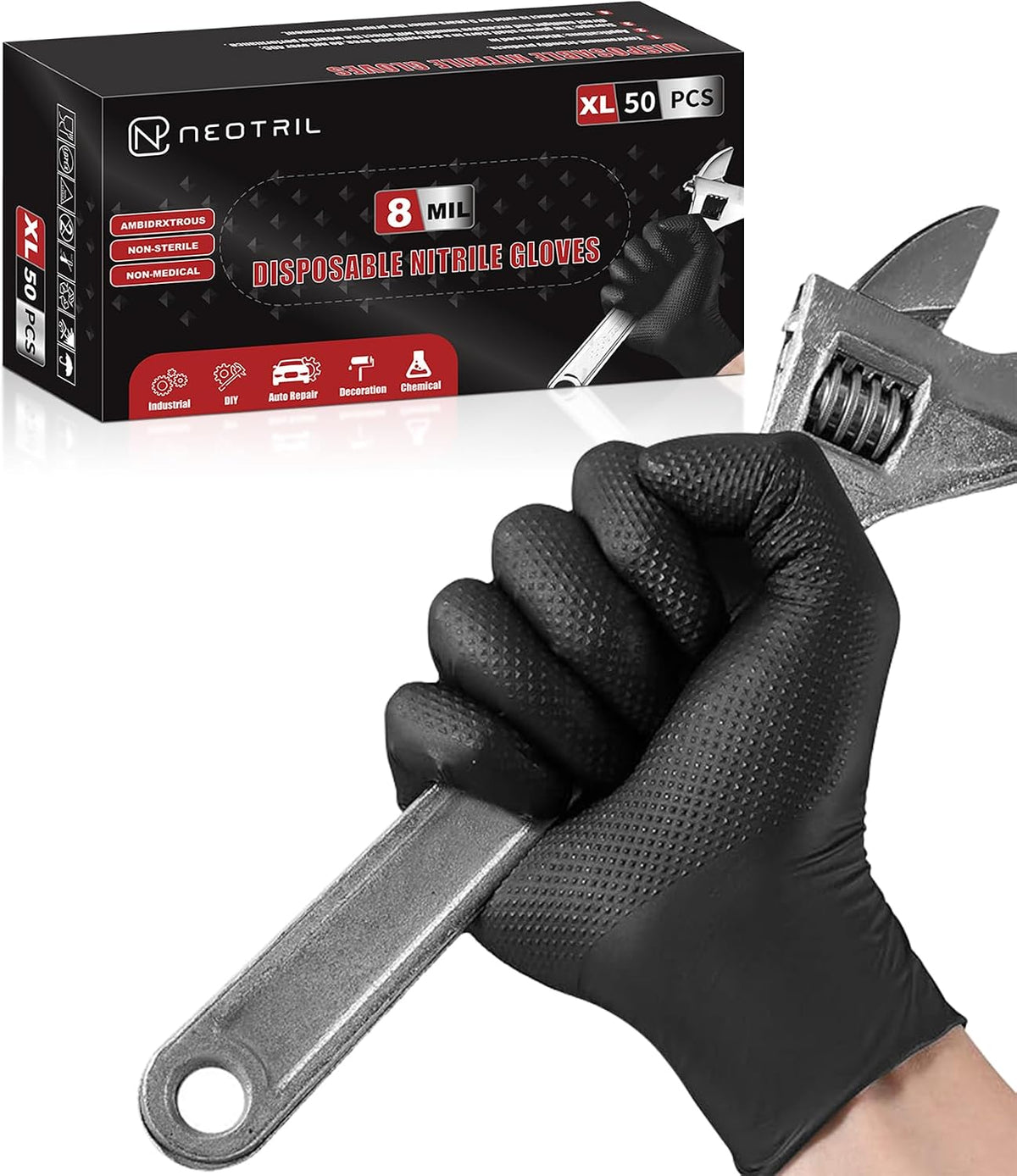NEOTRIL 8 Mil Heavy Duty Disposable Nitrile Gloves with Diamond Texture Grip Rubber Gloves Latex & Powder Free