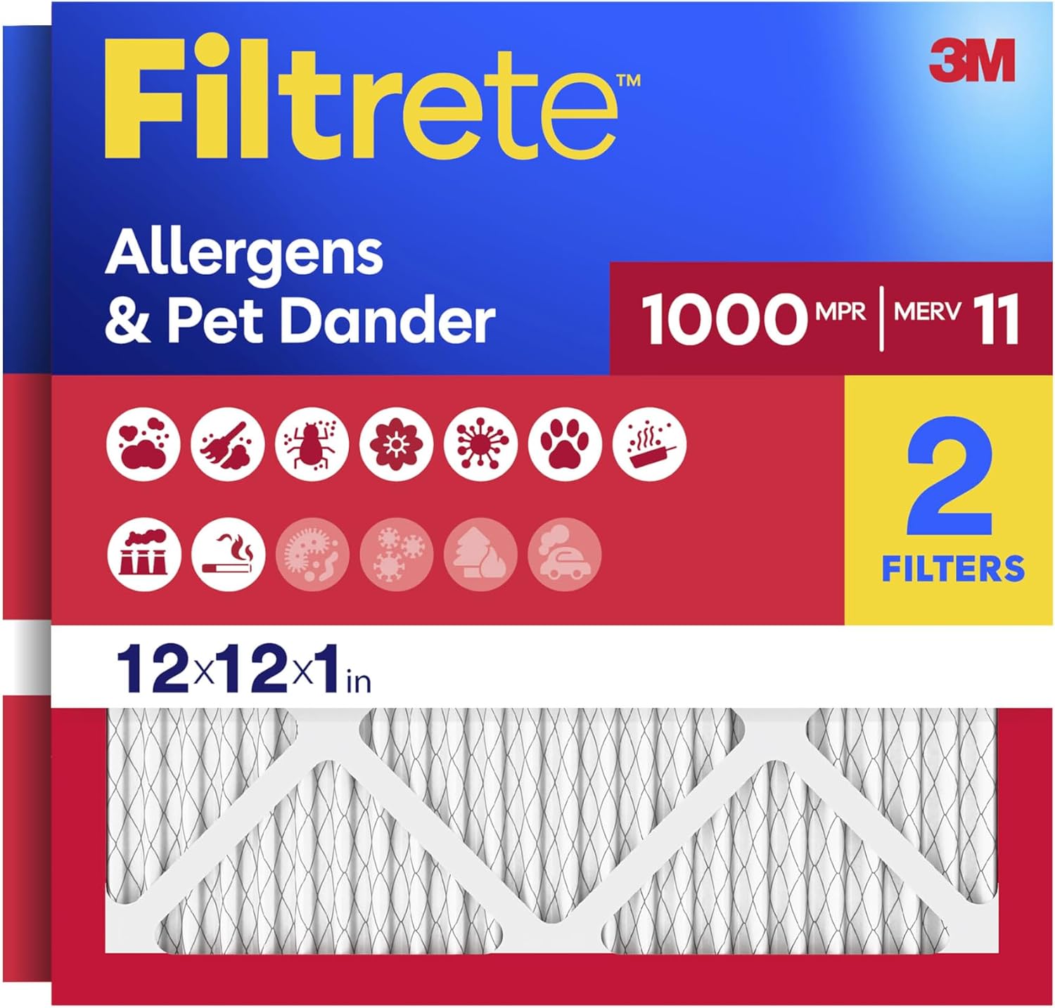 Filtrete 12x12x1 Air Filter, MERV 11, MPR 1000, Allergens & Pet Dander, 3-Month AC and Furnace Filters, Cleaner Air, Reliable Airflow, 2 HVAC Filters (Actual Size 11.68 x 11.68 x 0.81 in)