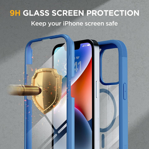 Miracase for iPhone 14 Case, Full-Body Bumper &Glass Screen Protector,Blue