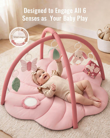 Blissful Diary Baby Play Gym Mat, Tummy Time with 6 Detachable Toys for Sensory & Motor Skill Development, Baby Activity Mat for Girl Boy Newborn Essentials Shower Gift, Pink Floral