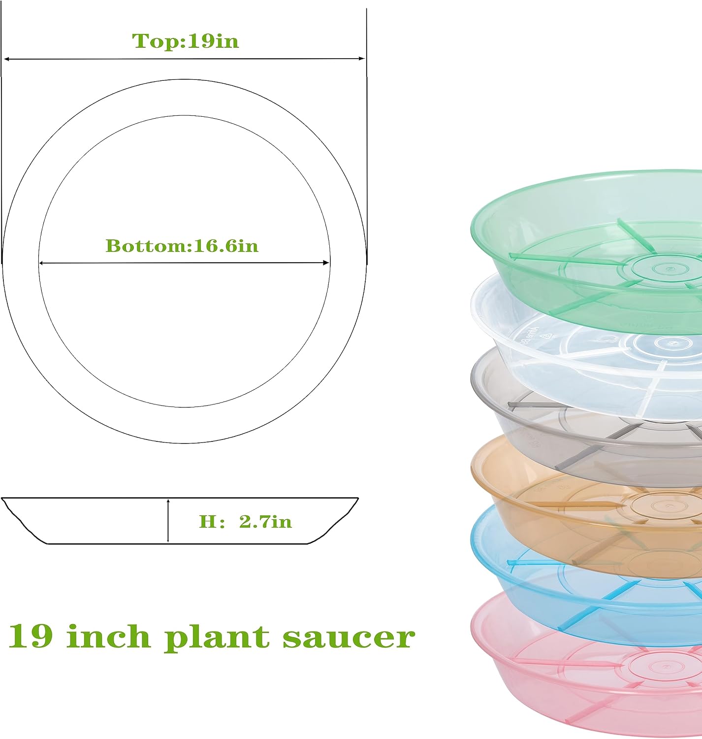 2 Pack Plant Saucer Drip Tray 19 inch, Large Heavy Sturdy Plastic Planter Flower Pot Saucers for Indoor Outdoor Garden, Plant Water Drip Trays for pots (19" 2Pack, Clear)