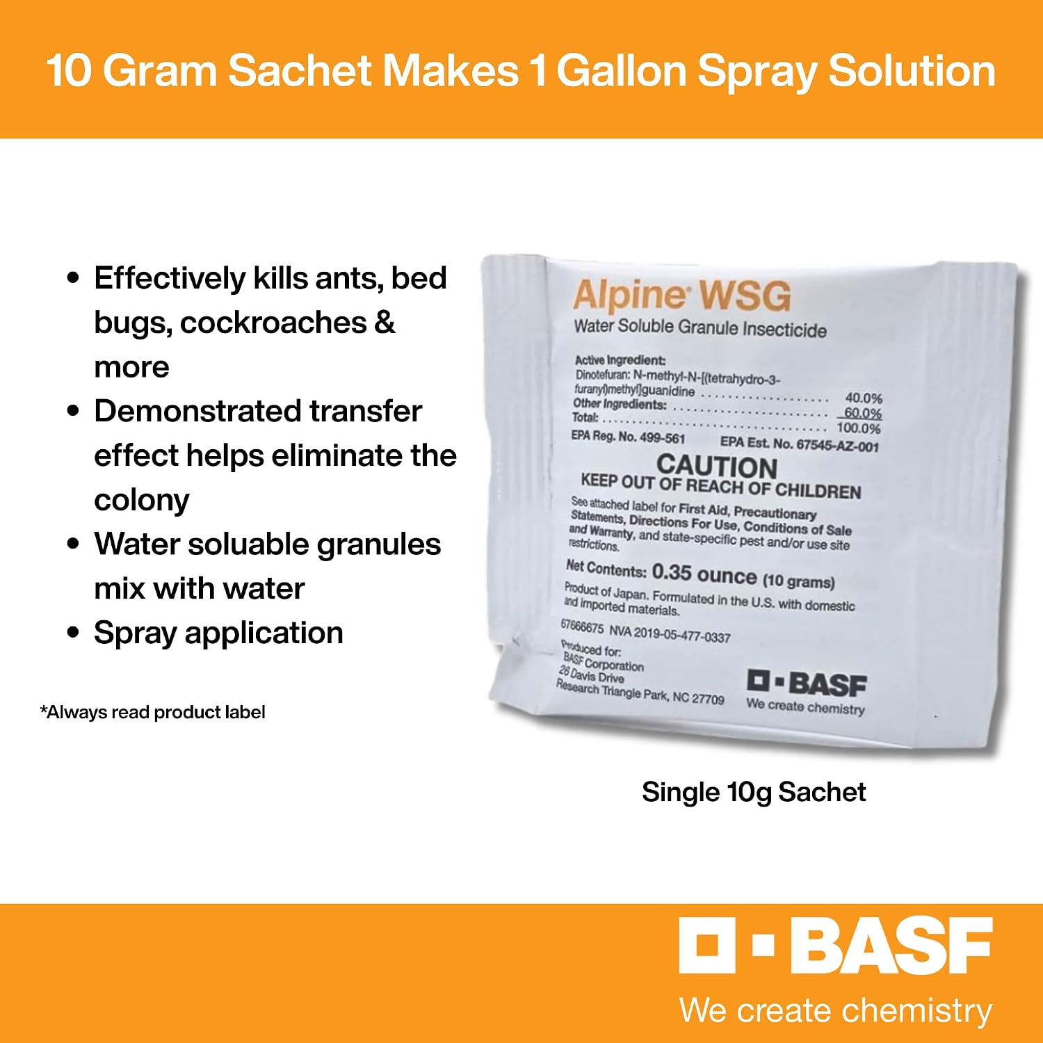 BASF Alpine WSG Water Soluble Granule Insecticide, Indoor Outdoor Pest Control for Ants, Flies, Bed Bugs, German Cockroach, .35 Ounce Packet (1 Count)