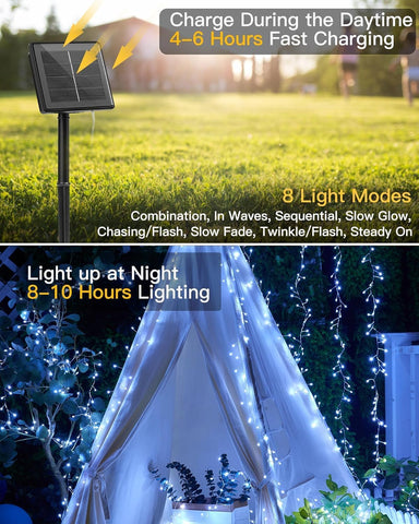 120 LED Solar Fairy Lights Outdoor Waterproof IP65, 10FT 8 Lighting Modes