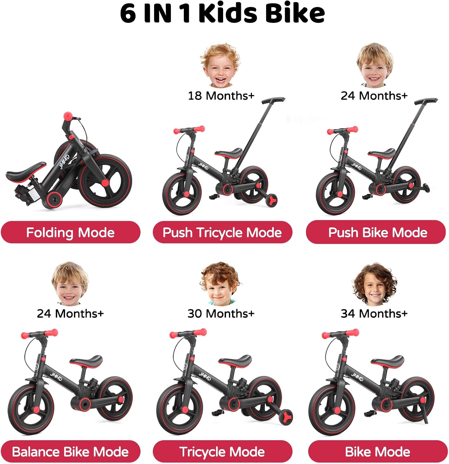 JMMD 6 in 1 Toddler Bike with Push Handle for Kids 18-60 Months, 12" Foldable Balance Bike with Training Wheels, Pedals, Brakes, Kickstand, Push Tricycle Toddler Gift & Toys for Boy & Girl