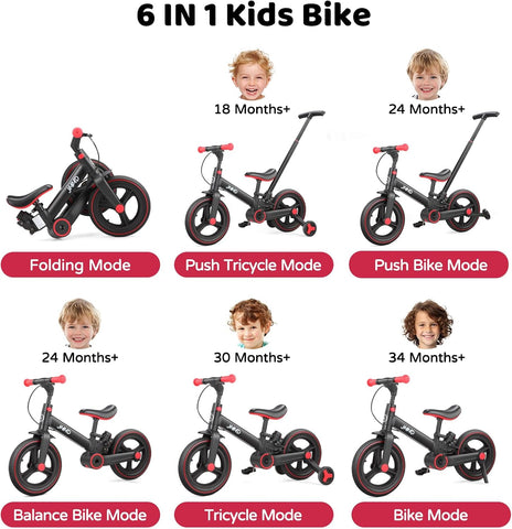 JMMD 6 in 1 Toddler Bike with Push Handle for Kids 18-60 Months, 12" Foldable Balance Bike with Training Wheels, Pedals, Brakes, Kickstand, Push Tricycle Toddler Gift & Toys for Boy & Girl