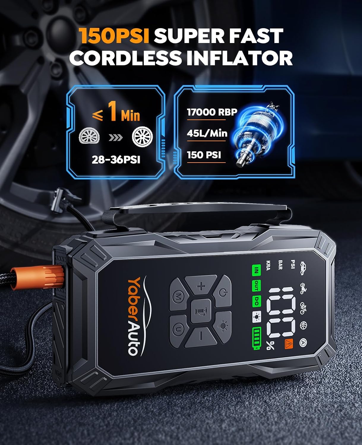 YaberAuto 10-in-1 7000A 150PSI Jump Starter with Air Compressor & Gloves