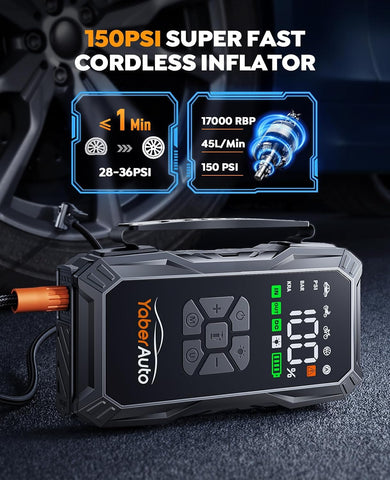 YaberAuto 10-in-1 7000A 150PSI Jump Starter with Air Compressor & Gloves