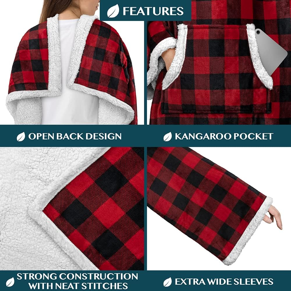 PAVILIA Sherpa Wearable Blanket with Sleeves and Pocket, Plush Thick Cozy Body Blanket Wrap for Adult Women Men, Christmas Gift for Wife Mom, Buffalo Red Black