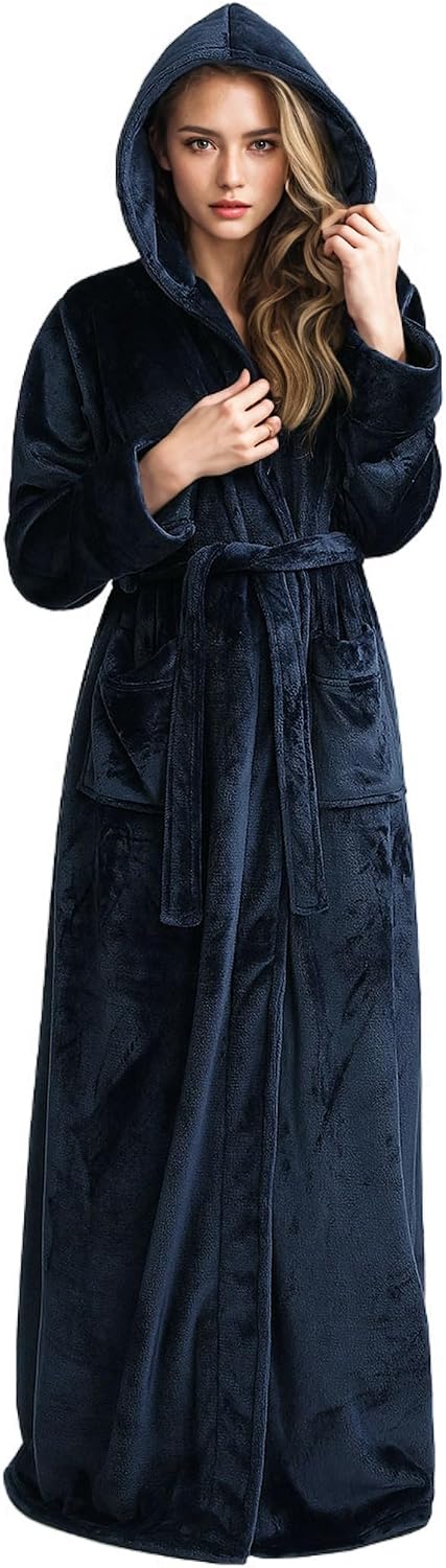 Hellomamma Long Hooded Robe for Women Luxurious Flannel Fleece Full Length Bathrobe Winter Warm Pajamas Shower Nightgown