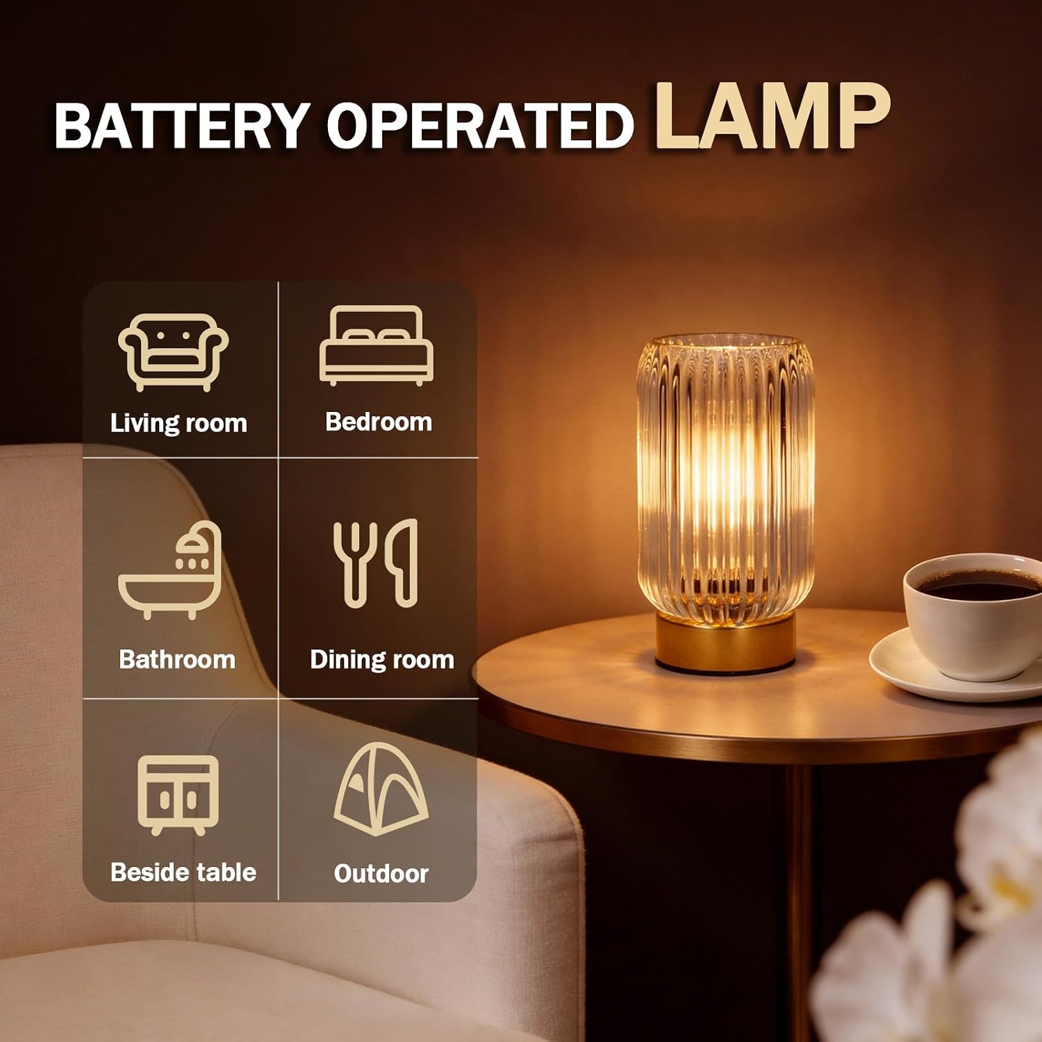 MJ PREMIER Battery Operated Lamp, Small Cordless Lamp with Timer, Clear