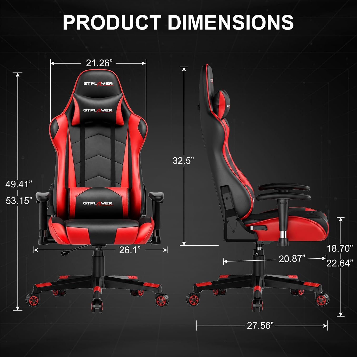 GTPLAYER Gaming Chair with Footrest, Ergonomic Computer Game Desk Chair, Reclining Chair Seat Height Adjustment, Swivel Rocker with Headrest and Lumbar (Red)