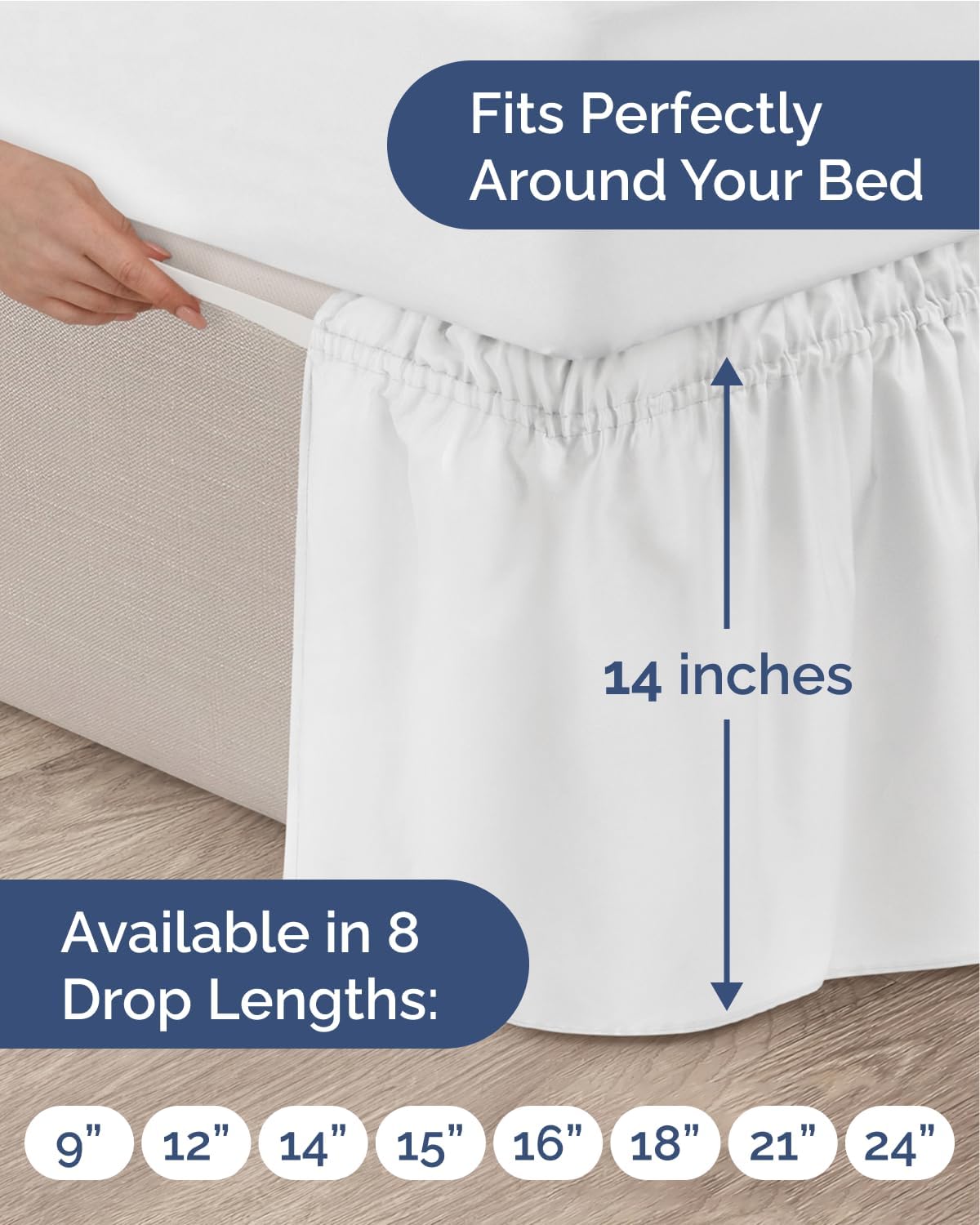 Wrap Around Dust Ruffle Bed Skirt, Queen Size Beds - 14 Inch Drop, White