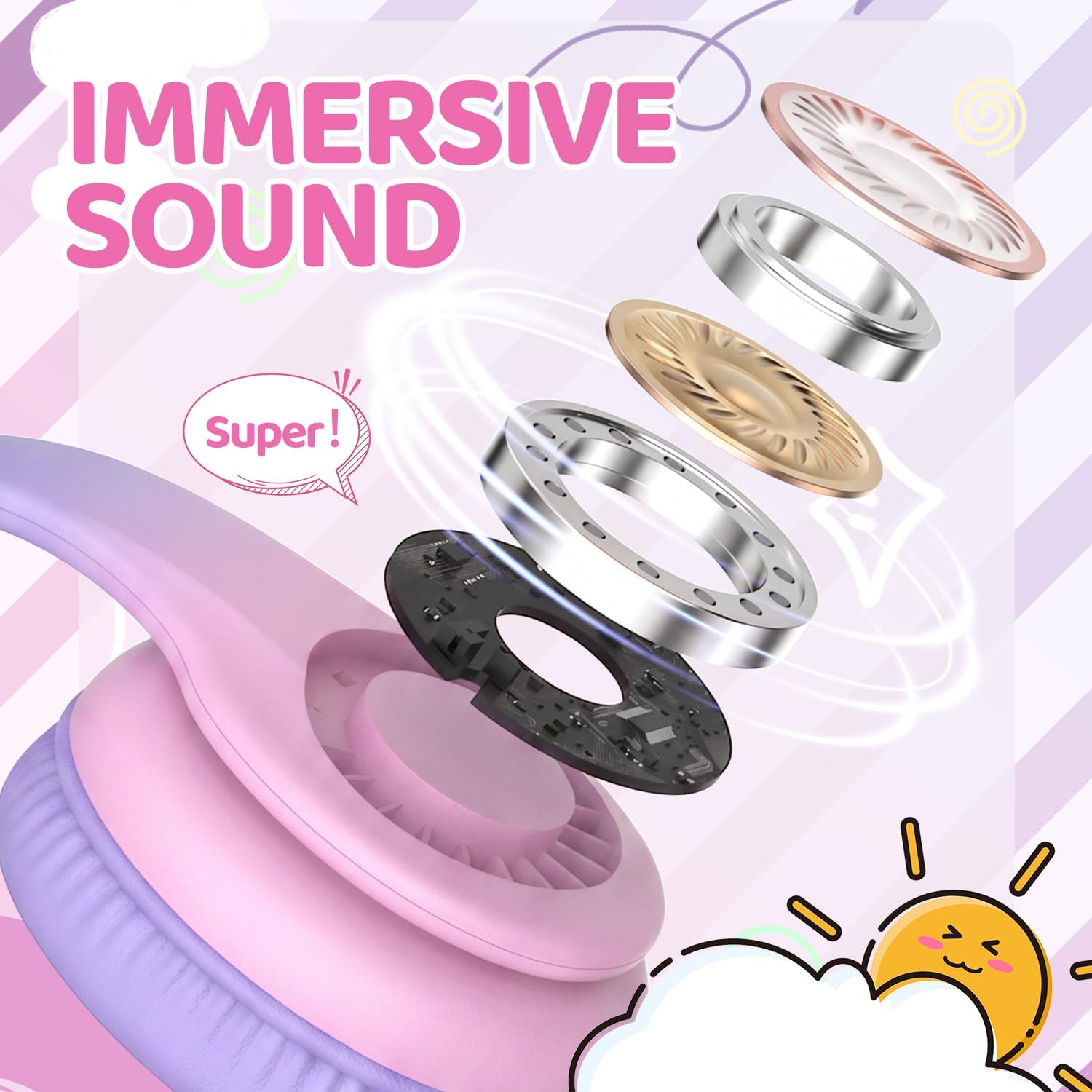 JoySpark Kids Headphones for School Toddler, 3.5mm Jack, Gradient Pink