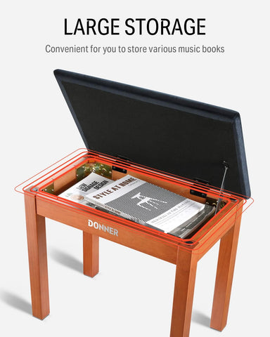 Donner Piano Bench with Storage, Solid Wood Keyboard Bench Piano Bookcase Stool Chair Seat with High-Density Suede Cushion, Wood Finish Color