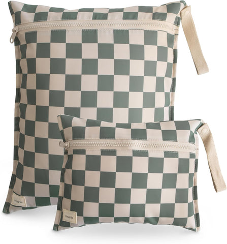 mushie Water Resistant Wet Bags | Large & Small Reusable Storage Bag for Baby Items and Travel | Zippered Pockets with Handle | Machine Washable, Set of 2 (Olive Check)