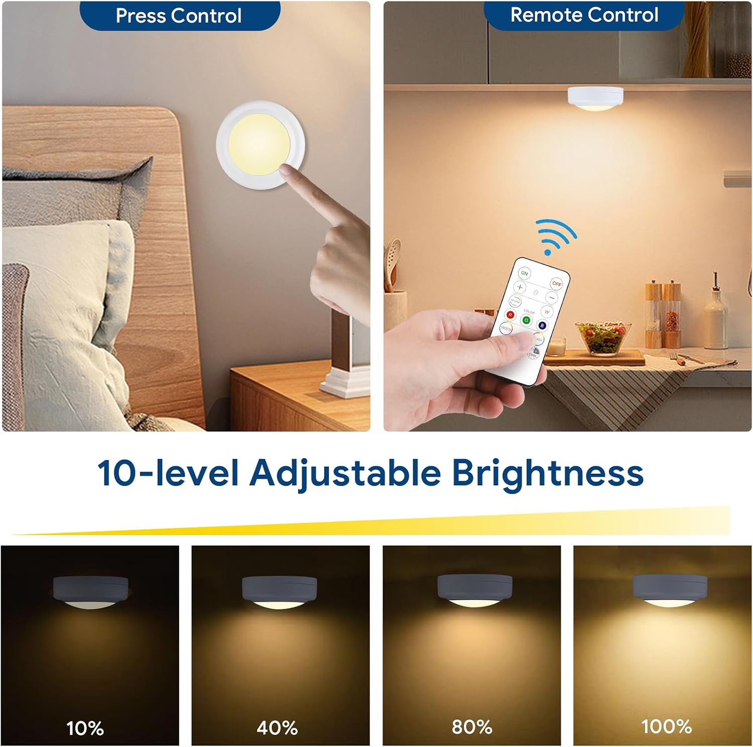 Yiliaw 6 Pack LED Puck Lights Remote Control 16 Color Changeable Under Cabinet Lights, Battery Operated Lights Night Light with Dimmer & Timmer for Closet Bedroom Kitchen, White