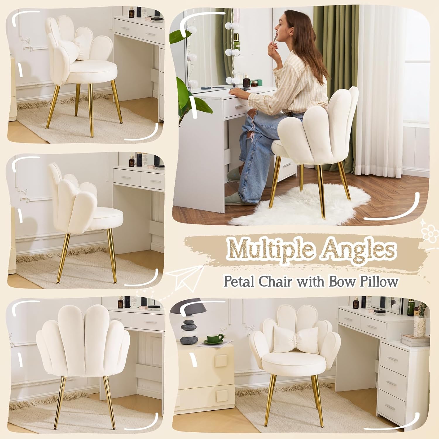 VINGLI Petal Makeup Vanity Chair with Back,Flower Cute Girls Desk Chair Comfy No Wheels,Modern Dining Chair,Small Accent Chair with Adustable Gold Legs&Bow Pillow for Home Office,Bedroom,Velvet,White