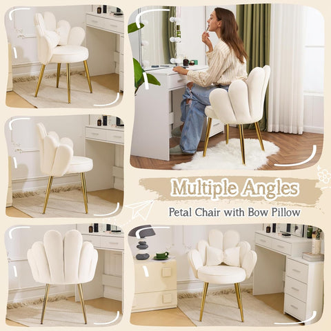 VINGLI Petal Makeup Vanity Chair with Back,Flower Cute Girls Desk Chair Comfy No Wheels,Modern Dining Chair,Small Accent Chair with Adustable Gold Legs&Bow Pillow for Home Office,Bedroom,Velvet,White
