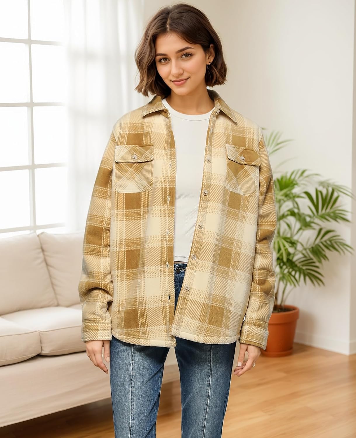 ThCreasa Womens Sherpa lined Button Up Plaid Shacket with Pockets
