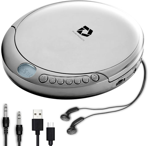 Deluxe Products CD Player Portable with 60 Second Anti Skip, Stereo Earbuds, Includes Aux in Cable and AC USB Power Cable for use at Home or in Car. Silver