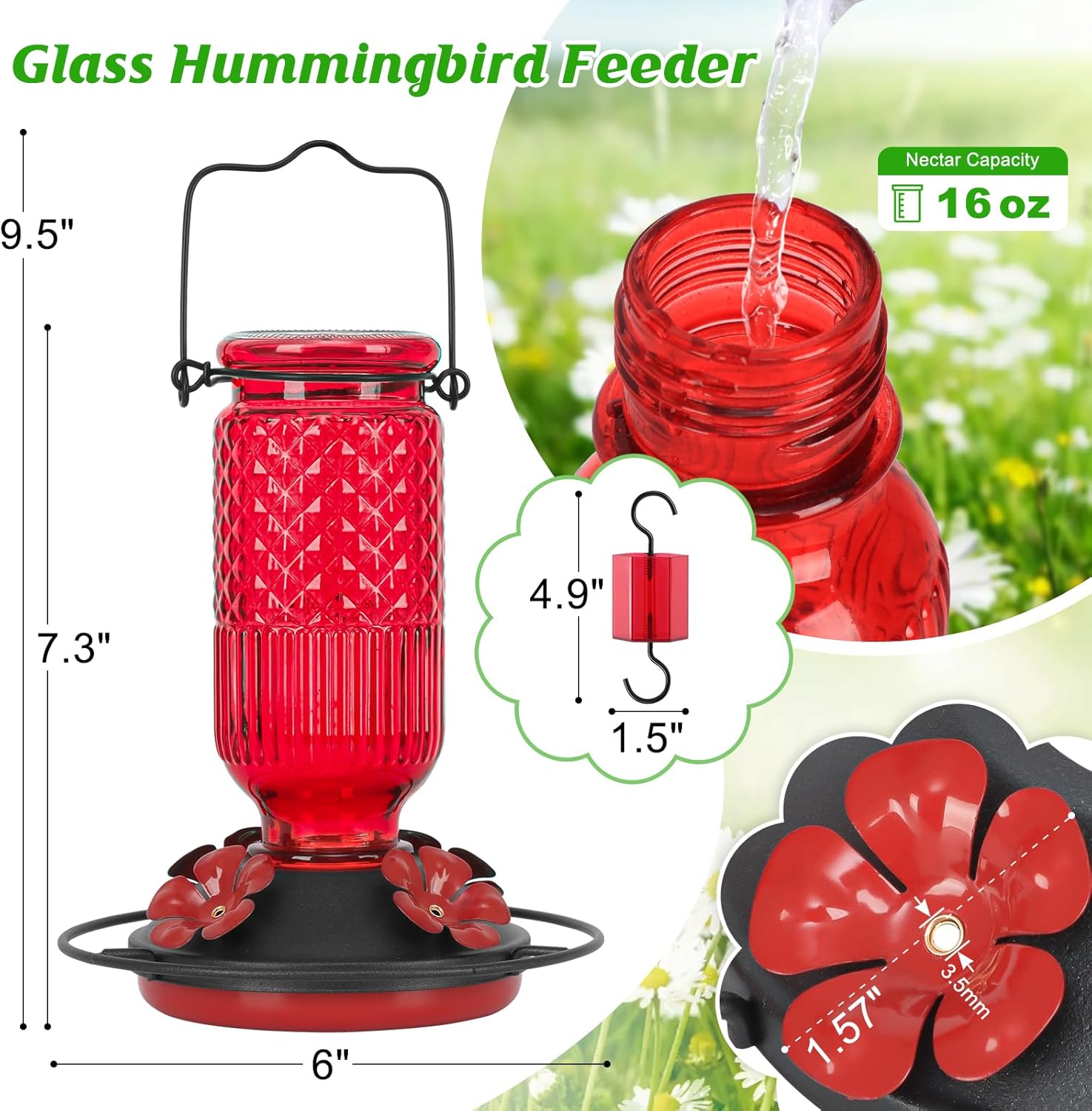 FEED GARDEN Glass Hummingbird Feeder for Outdoors Hanging, 16 oz Leak-Proof Nectar Feeder with Bee Guards & Ant Moat, 4 Metal Flower Feeding Ports, 360° Perch Ring, Easy Refill & Clean, Red