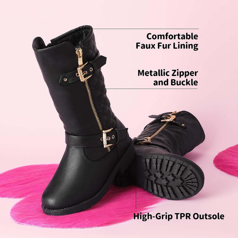 DREAM PAIRS Girls Faux Fur Lining Knee High Winter Motorcycle Riding Boots Toddler/Little Kid/Big Kid
