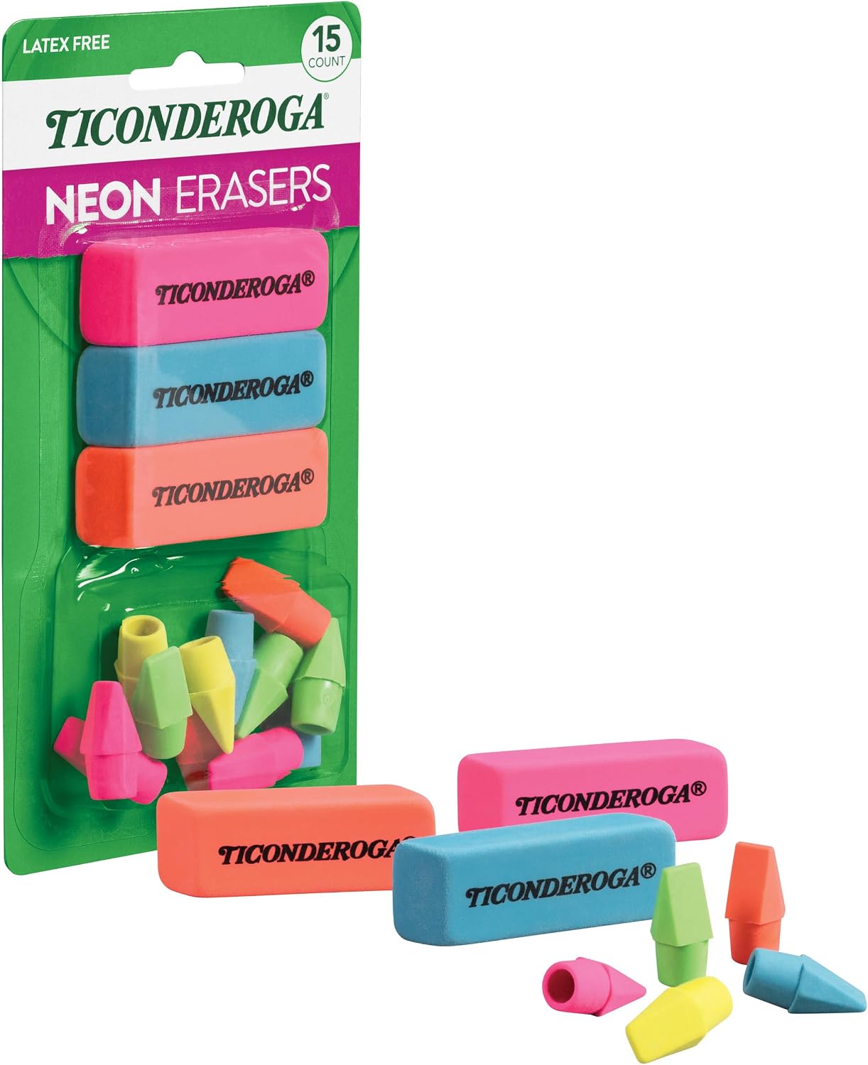 Ticonderoga Assorted Erasers, Neon Colors, 15 Count