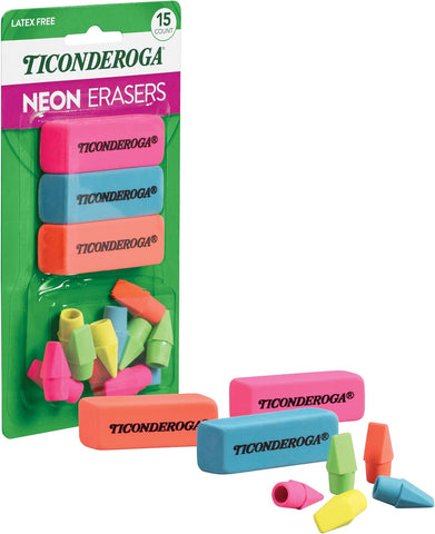 Ticonderoga Assorted Erasers, Neon Colors, 15 Count