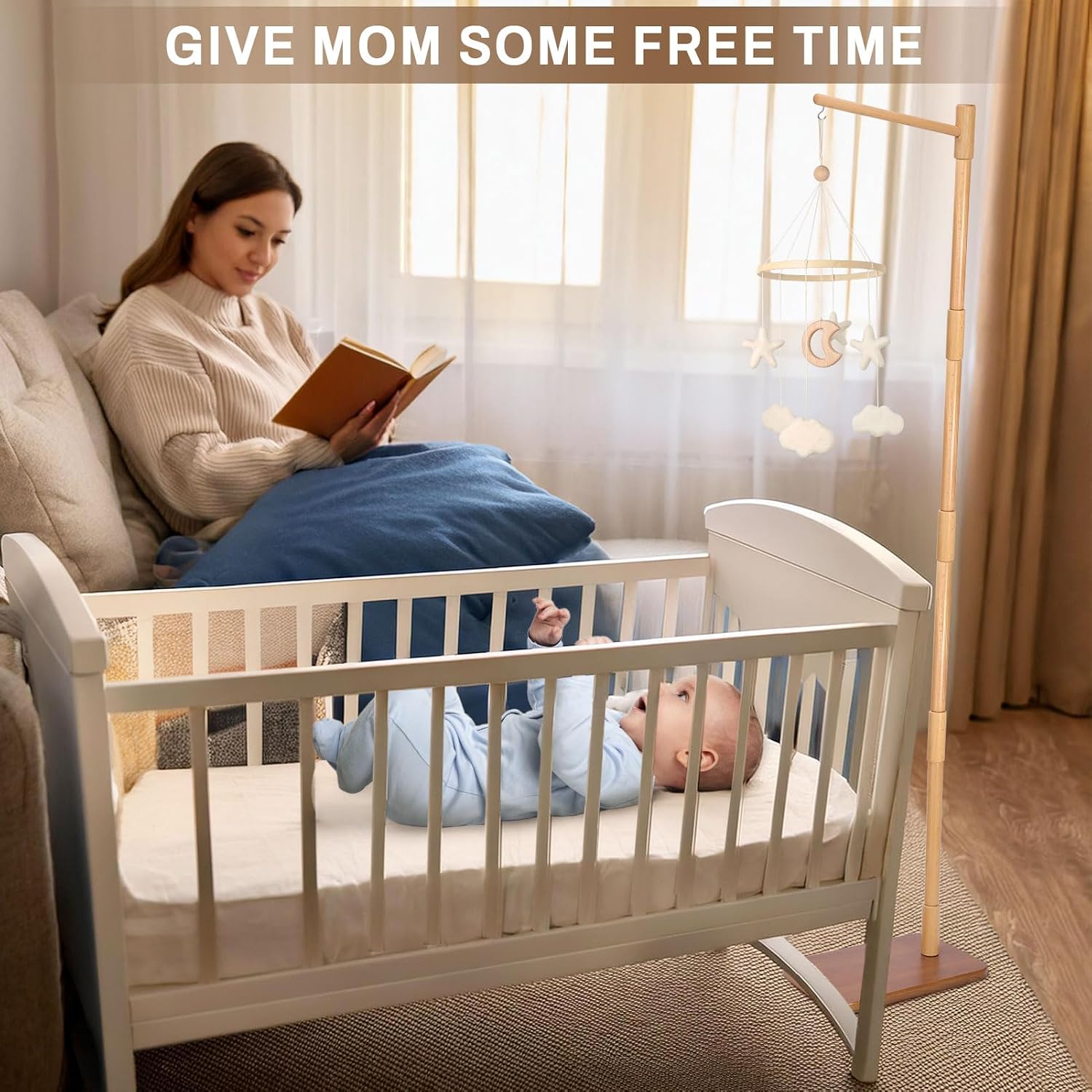 Floor-Standing Crib Mobile Arm - 65 Inch Mobile Arm for Crib - Mobile Stand for Crib - 100% Beech Wood - Movable Baby Mobile Hanger with Strong Anti-Dumping Attachment - Easy Assembly - Nursery Decor