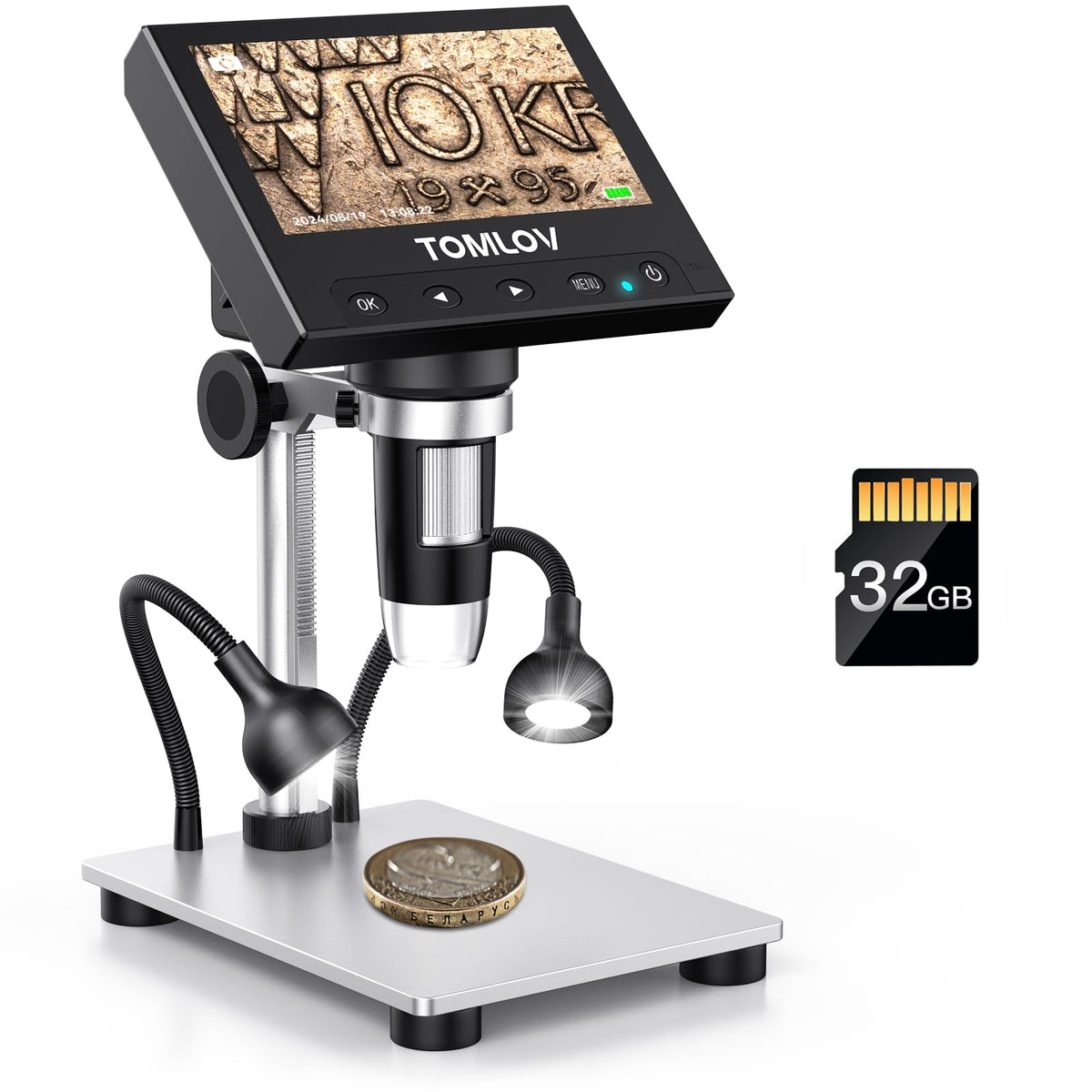 TOMLOV 1000X Error Coin Microscope with 4.3" LCD Screen, USB Digital Microscope with LED Fill Lights, Metal Stand, PC View, Photo/Video, SD Card Included, Windows Compatible, DM4S