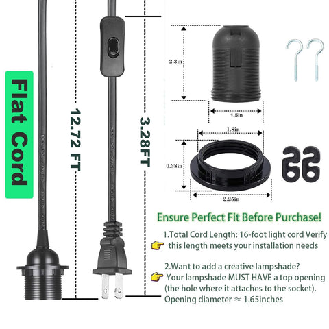 Plug in Pendant Light Cord - 16Ft Hanging Light Kit E26/E27 Light Socket Hanging Lantern Lamp Cord with On/Off Switch,Socket Rings, 2 Pack, Black