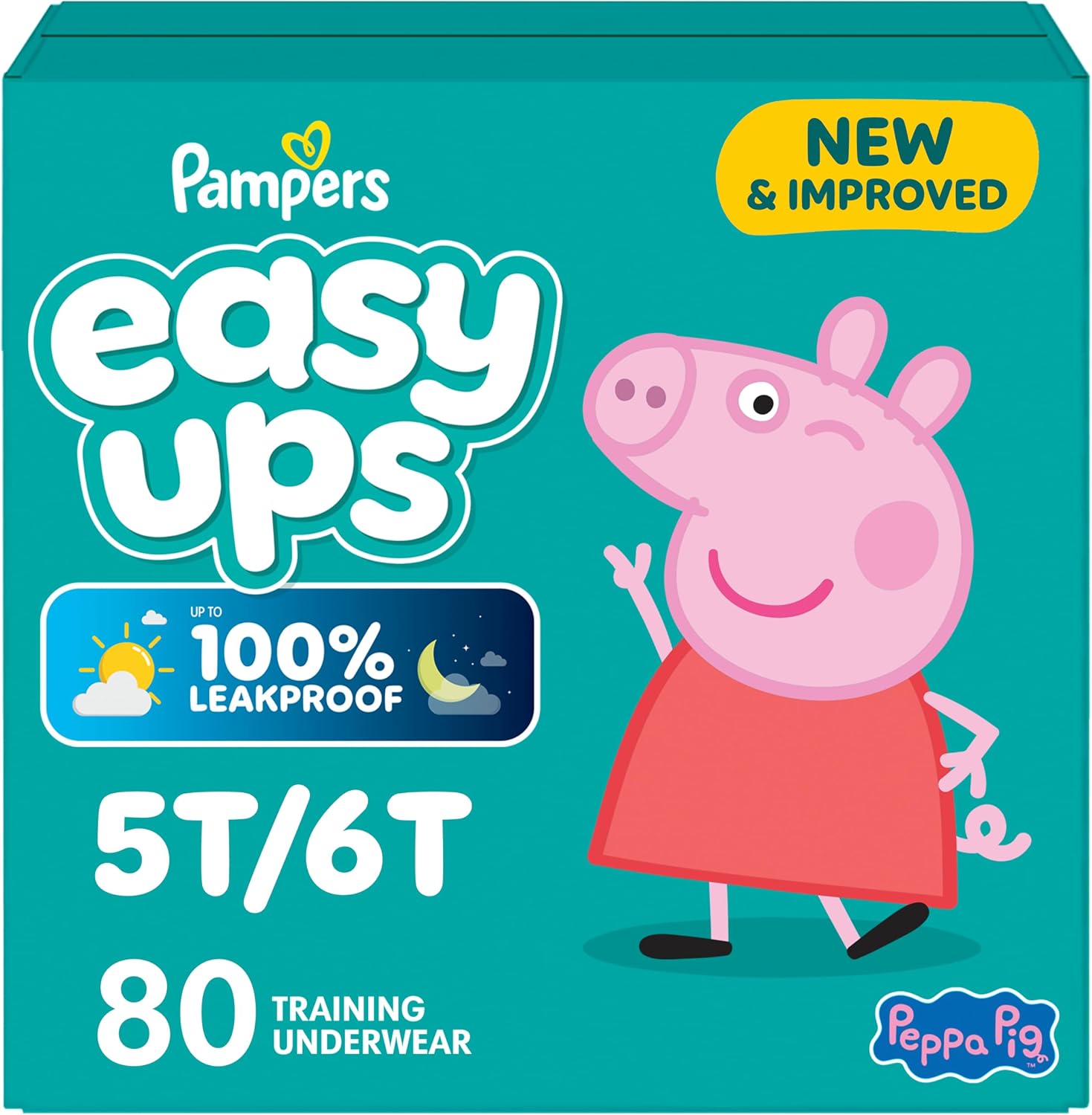 Easy Ups Girls & Boys Potty Training Pants, Size 7 (5T6T), 80 Count, Peppa Pig Absorbent Training Underwear, Up to 100% Leakproof Day and Night, Hypoallergenic