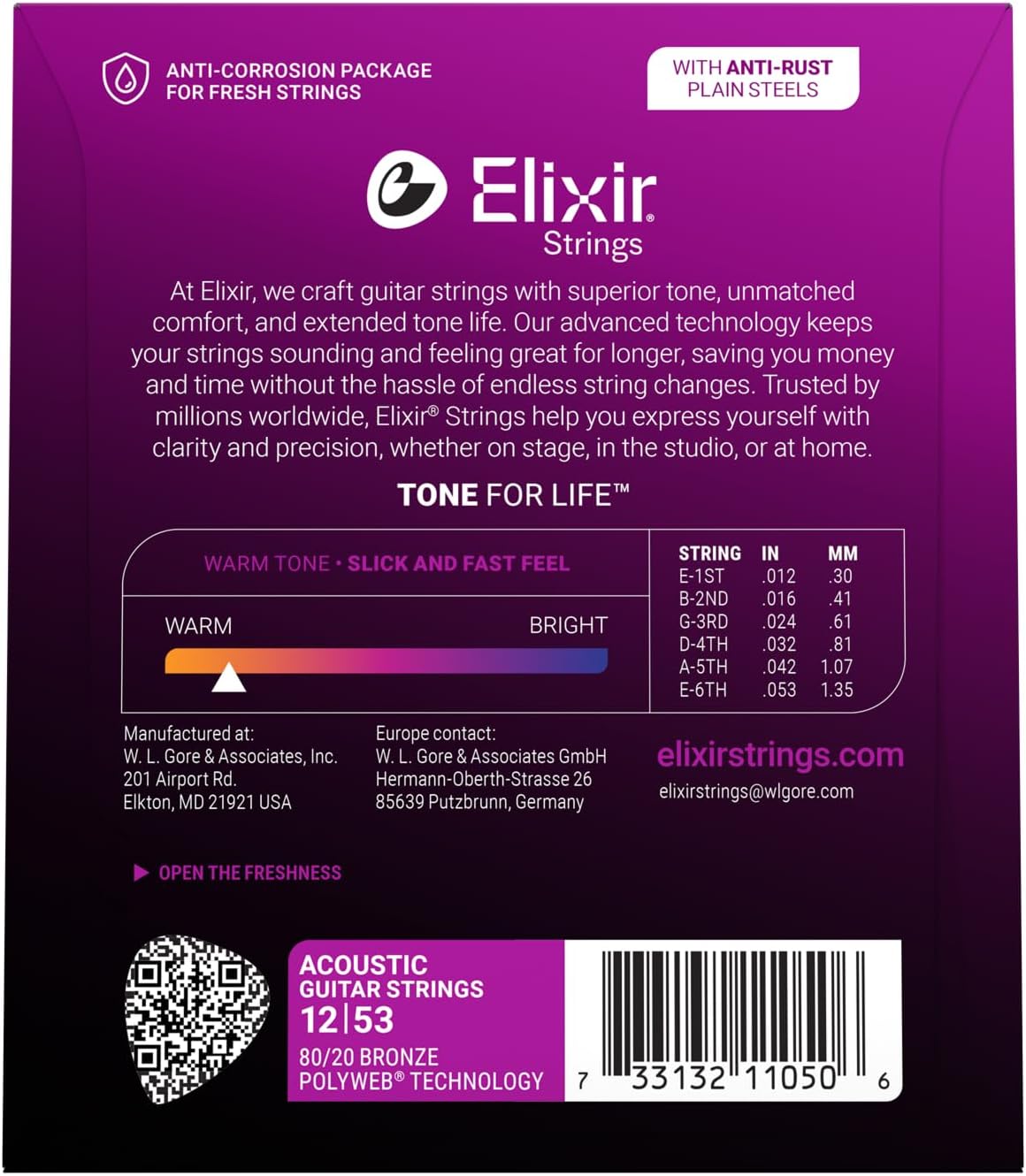 Elixir Strings, Acoustic Guitar Strings, 80/20 Bronze with POLYWEB Technology, Longest-Lasting Warm Tone with Comfortable Feel, 6 String Set, Light 12-53
