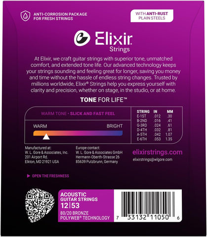 Elixir Strings, Acoustic Guitar Strings, 80/20 Bronze with POLYWEB Technology, Longest-Lasting Warm Tone with Comfortable Feel, 6 String Set, Light 12-53