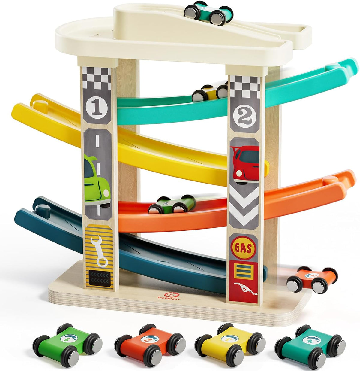 TOP BRIGHT Toddler Toys for 2 Year Old Boy, Wooden Car Ramp Race Track Set