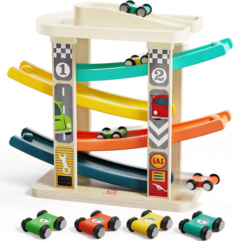 TOP BRIGHT Toddler Toys for 2 Year Old Boy, Wooden Car Ramp Race Track Set