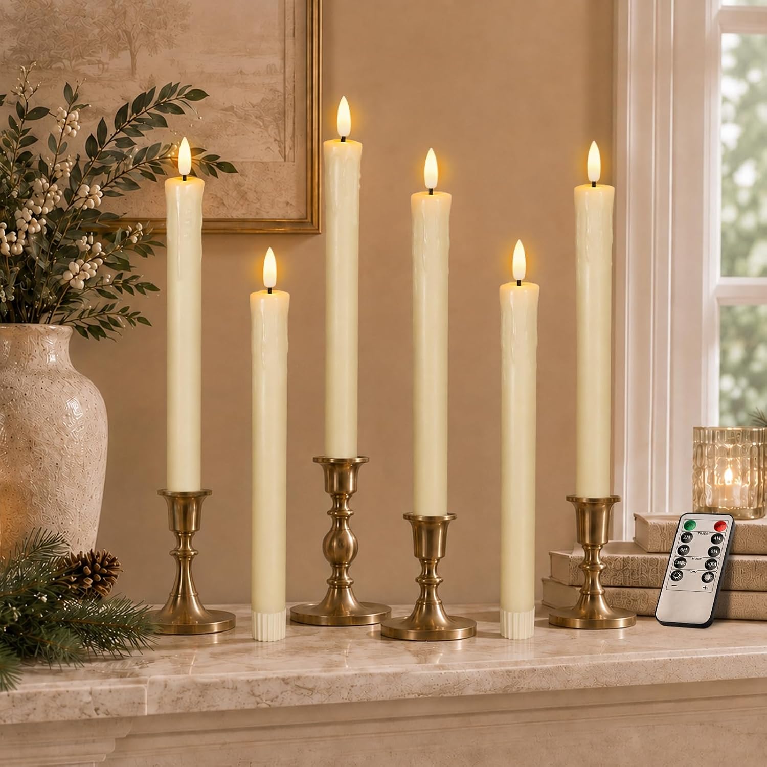 Lezonic Flameless Taper Candles with Remote Timer, Battery Operated Flickering LED Fake Candles for Dining Table Centerpiece Wedding Christmas Mantel Decor, 0.8 x 9.5 inch