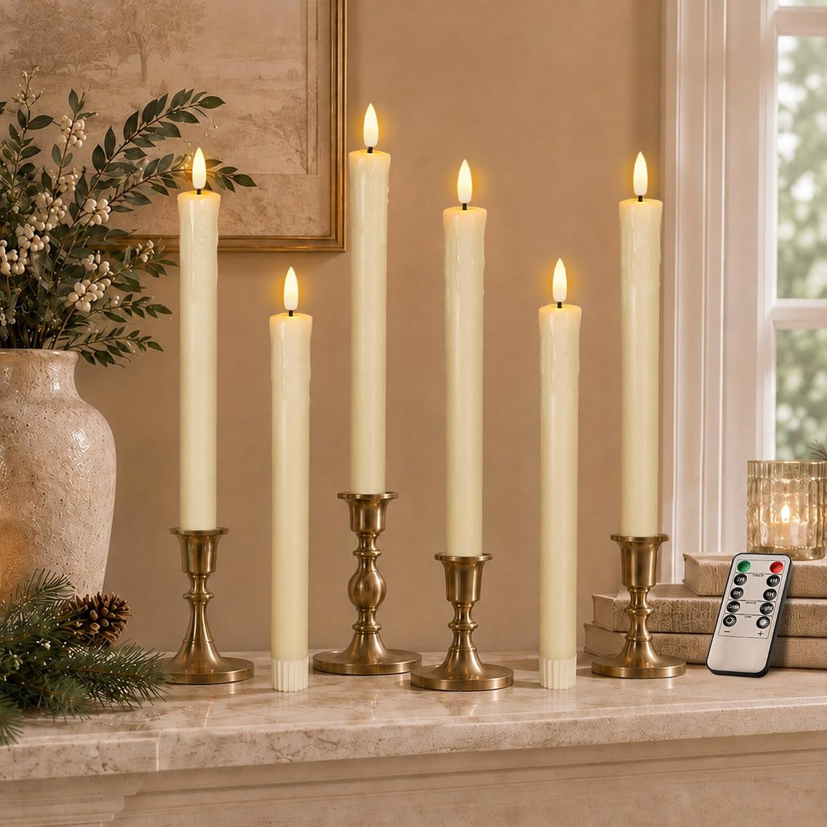 Lezonic Flameless Taper Candles with Remote Timer, Battery Operated Flickering LED Fake Candles for Dining Table Centerpiece Wedding Christmas Mantel Decor, 0.8 x 9.5 inch