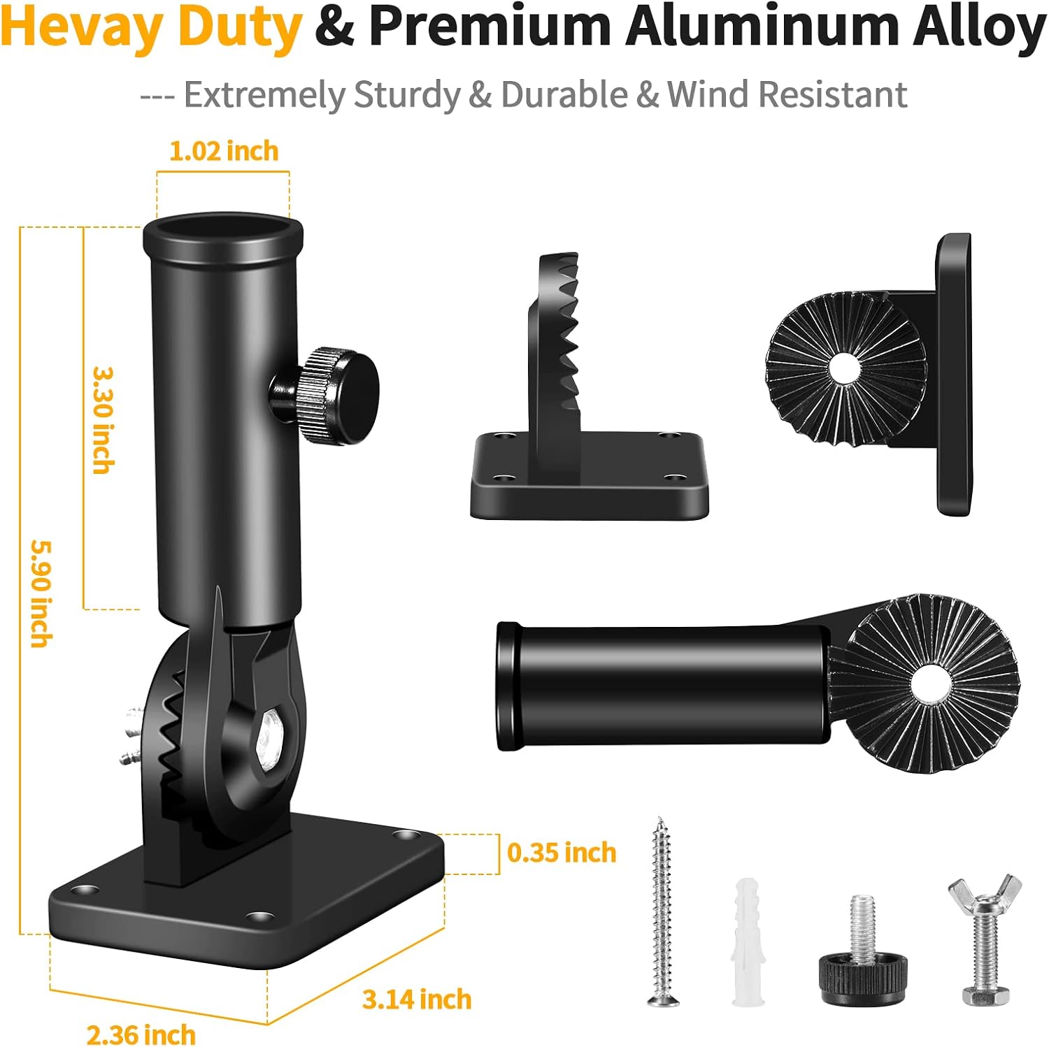 Flag Pole Holder Brackets, BONWIN 1" Flag Pole Mounting Bracket with Hardwares for House Wall Porch, 1" Inner Diameter, 180° Adjustable Multi Positions, Aluminium Alloy(2 Pack Black, Multi-Positions)