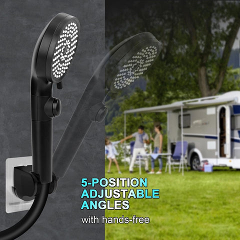 RV Shower Head with Hose, High Pressure 5 Mode Shower head Replacement, Handheld Showerhead for RV/Campers, Travel Trailer for Water Saving, Showerheads Holder and Hose, On Off Switch, Black