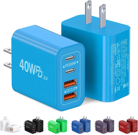 [2-Pack] 40W USB C Charger Block, 4-Port Type C Fast Charging Brick Dual PD&QC Wall Plug Adapter Power Brick for iPhone 13/14/15/16/17/Pro Max Plus/iPad/Airpods/iwatch/Samsung Galaxy (Light Blue)