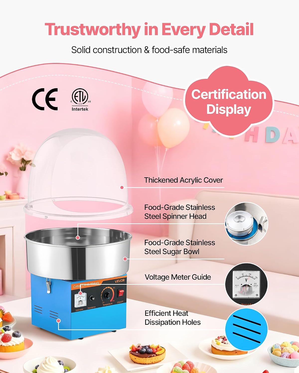 VEVOR Electric Cotton Candy Machine, 1000W Commercial Floss Maker With Cover, Commercial Cotton Candy Machine w/Stainless Steel Bowl & Sugar Scoop, Ideal for Carnival, Birthday, Family Party, Blue